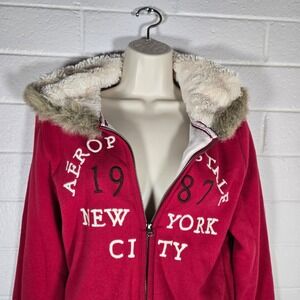 Vtg Y2K Aeropostale (Fits Large) Faux Fur Hood Full Zip Hoodie Sweatshirt Jacket